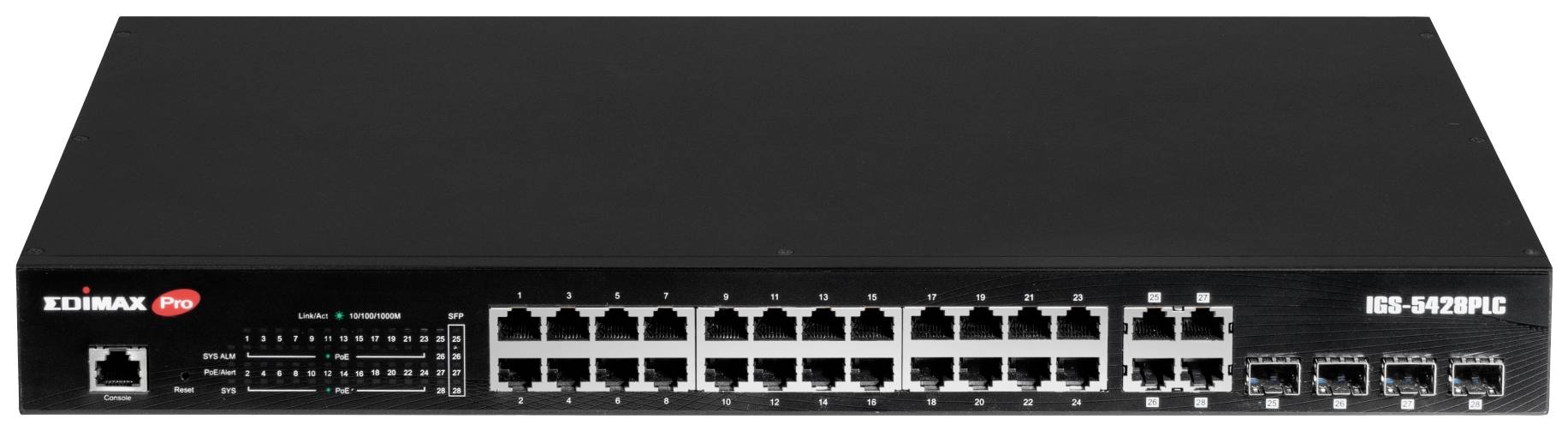 A network switch with 24 Ethernet ports and multiple fibre optic connections, suitable for managing home or business networks.