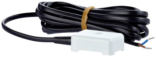 A black cable with a white sensor at the end. The sensor has two exposed wires that could be used for connection.