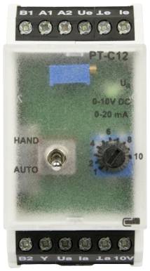 An electrical control unit with manual and automatic switch and rotary knob. Labelled 'PT-C12', display '0-10V DC, 0-20 mA'.