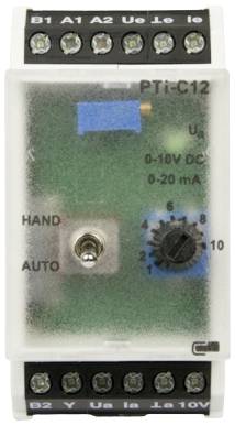 An electrical control unit with a switch and rotary dial, marked with 'Hand' and 'Auto'. It displays scales for '0-10V DC' and '0-20 mA'.