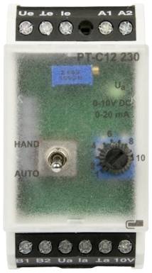 An electrical device with a switch, numerical dial and multiple connections, labelled 'PT-C12 230'.