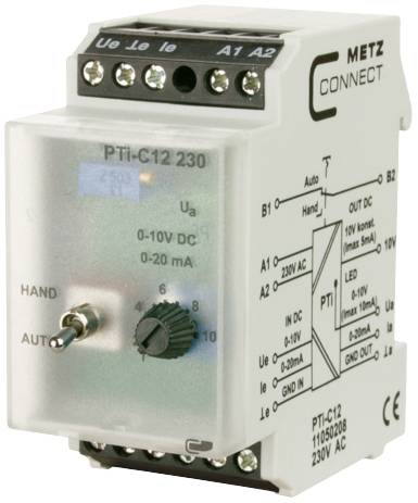 An electronic control unit with a switch, button, and graphical instructions. Text: 'META CONNECT PTi-C12 230'. Used in electrical control systems.