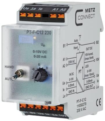 Electronic control unit with rotary control, LED display and connection terminals for electrical configuration and control.