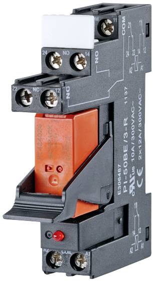 An electrical relay with screw terminals, suitable for mounting in control panels; specified for 10A/250V AC.
