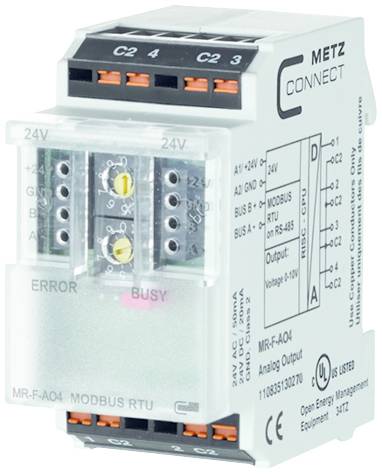 'MR-F-AO4 MODBUS RTU' device by METZ CONNECT with multi-channel connections and digital indicators for bus status and error conditions.