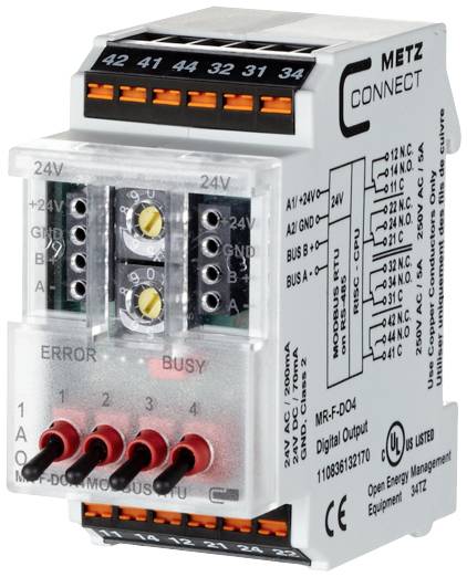 Electronic module with multiple terminal blocks, labels, and indicator lights for 'Error' and 'Busy'. 24V voltage.