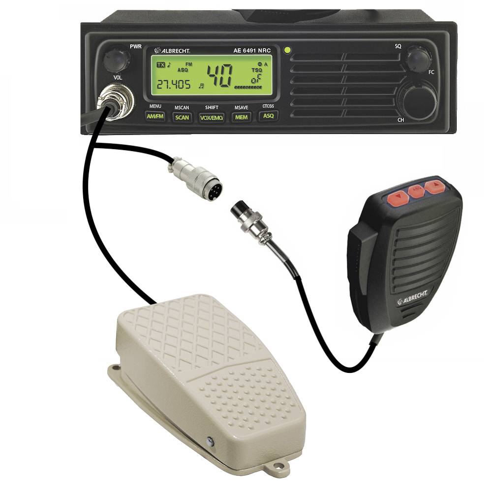 Radio device with microphone and foot pedal. The display shows 27.405 MHz. Suitable for communication purposes, indicates frequency, volume, and various settings.