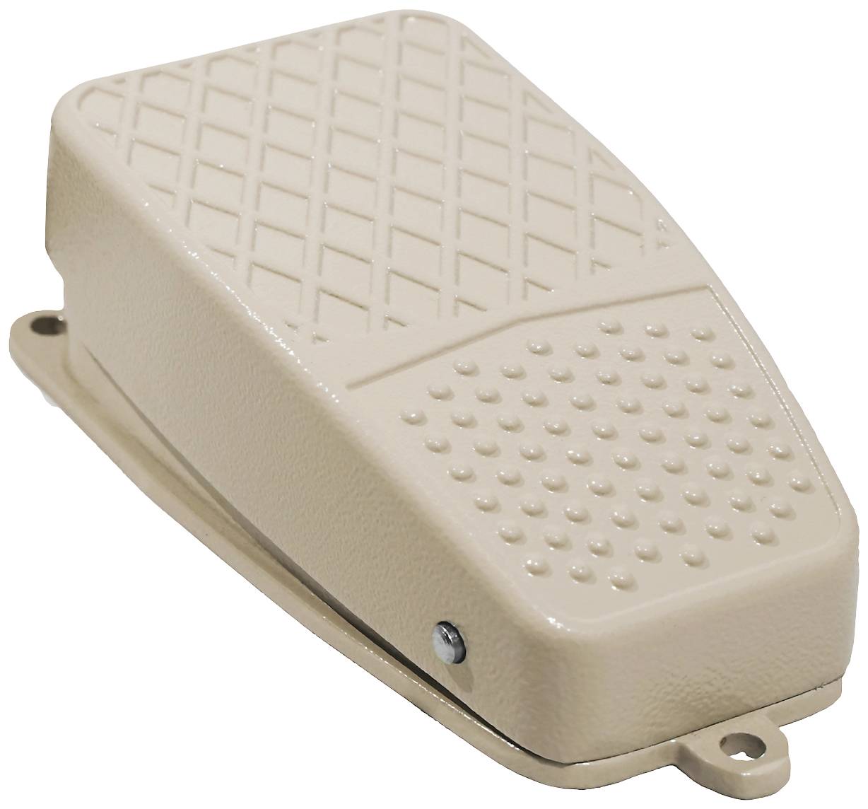 A beige metal foot pedal with a ribbed surface for improved grip, suitable for industrial or electrical applications.