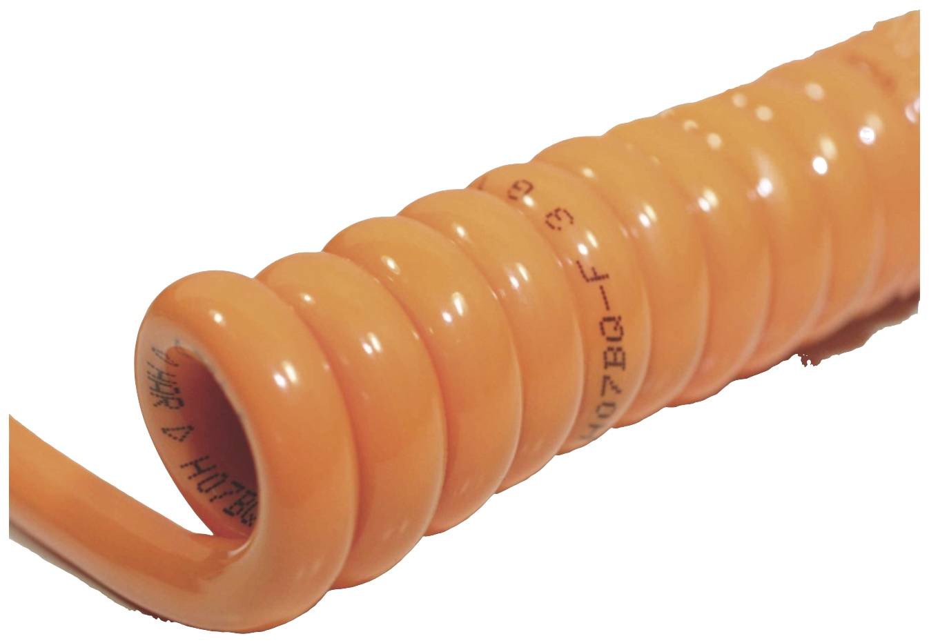 Orange spiral cables show a coiled structure, commonly used for flexible connections in electrical devices or telephones.