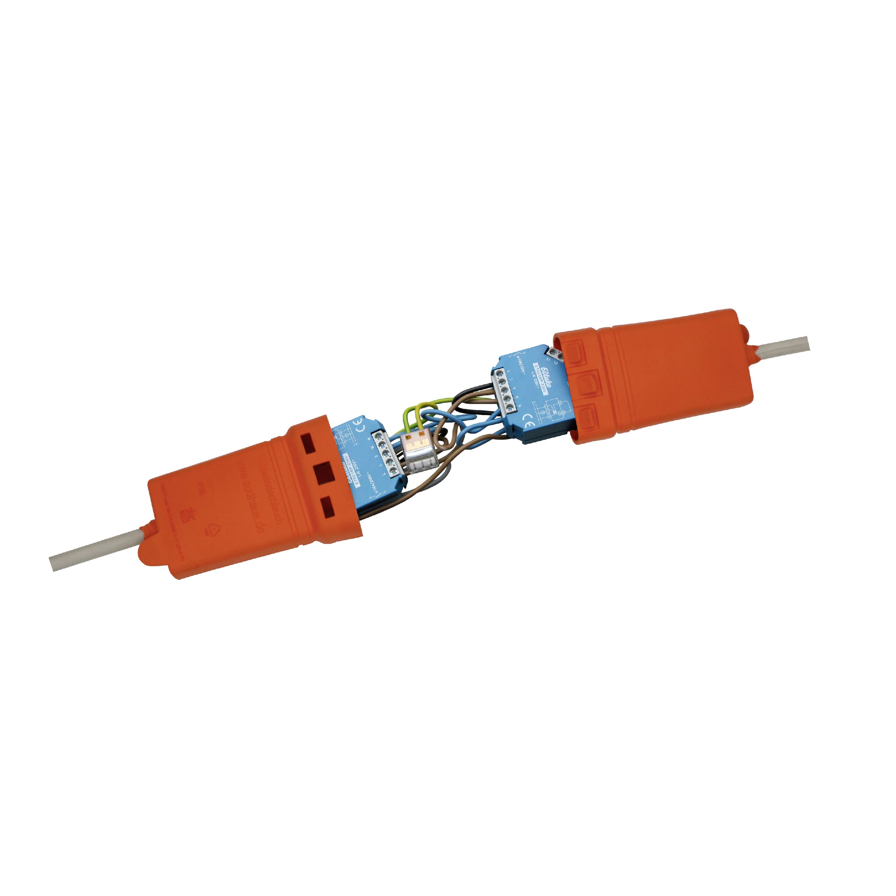 An orange electronic Ethernet connector, focusing on the cabling and connections.