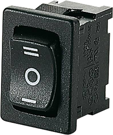 Black rocker switch with symbols for on and off positions.