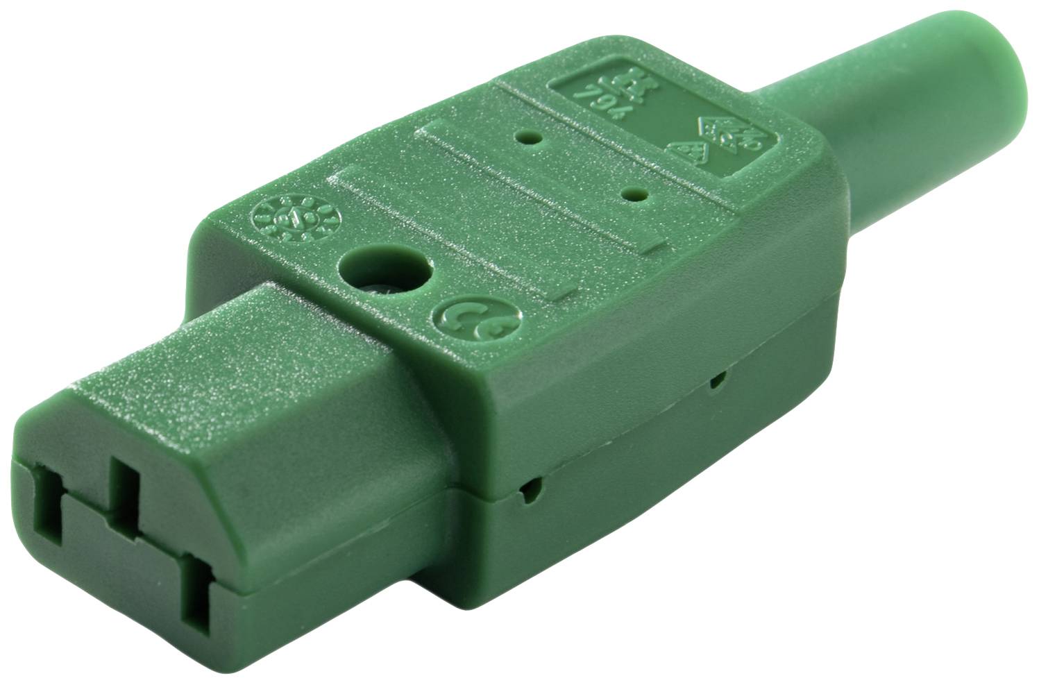Green rectangular socket connector with two round holes and test symbols on the top surface. Suitable for electrical connections.