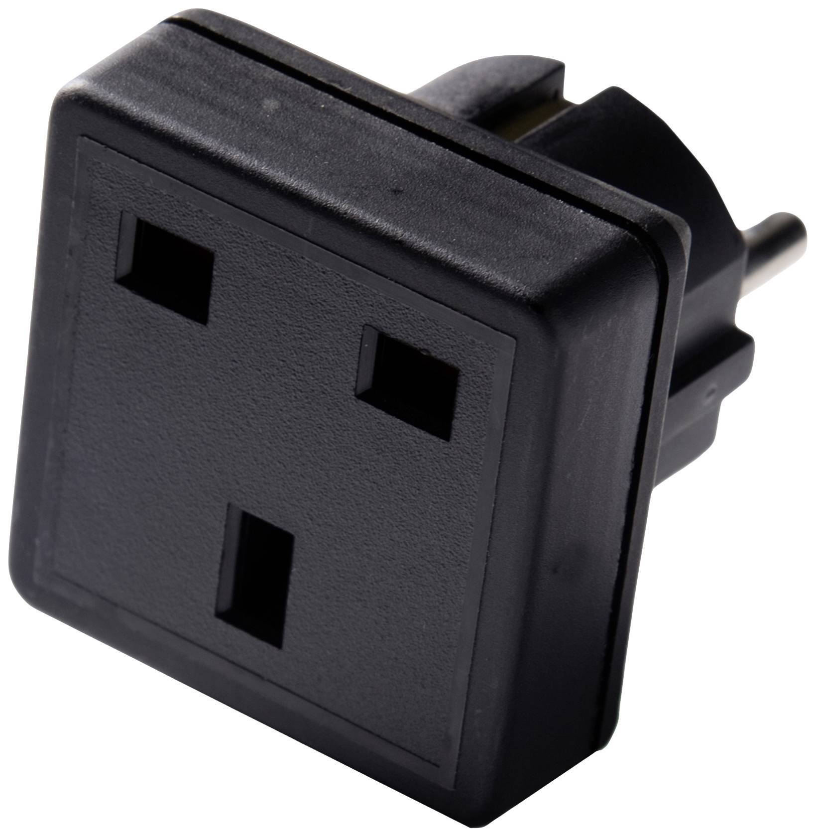A black adaptor plug for British three-pin sockets with two round Schuko contacts for European electrical outlets.