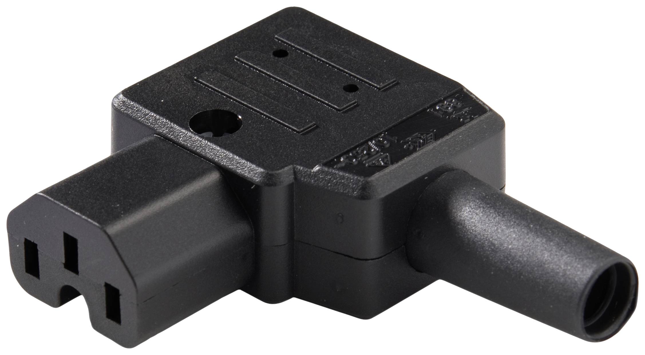 Black socket adapter with three-pole input and single output in a rectangular shape.
