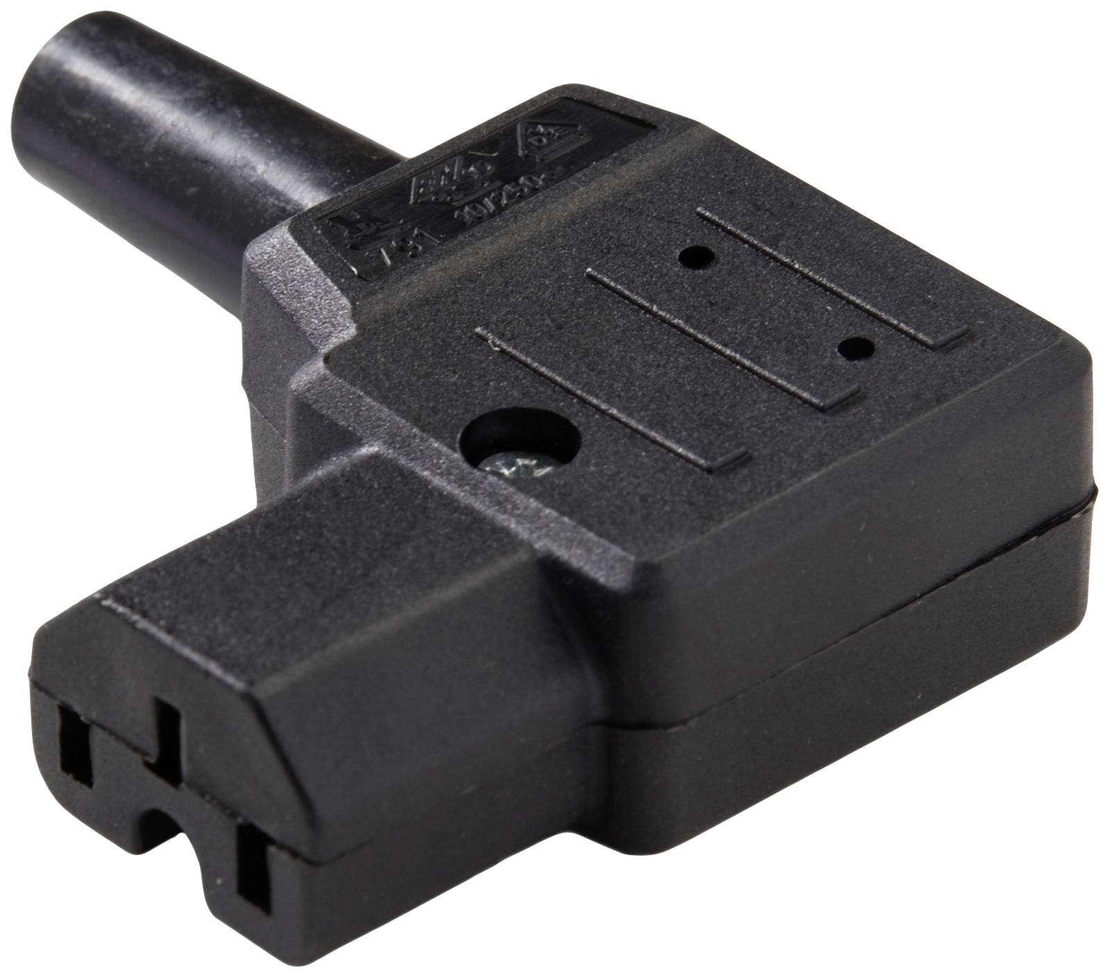 Black right-angled jack adapter, primarily made of plastic, with some engravings on the surface.