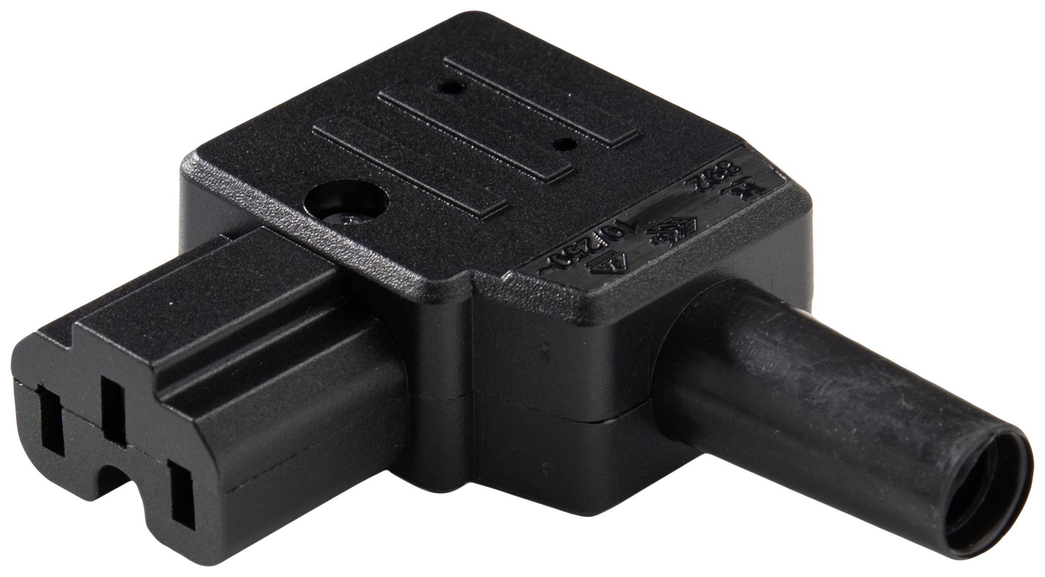 A black, rectangular electrical plug with three socket outlets and a round connection.