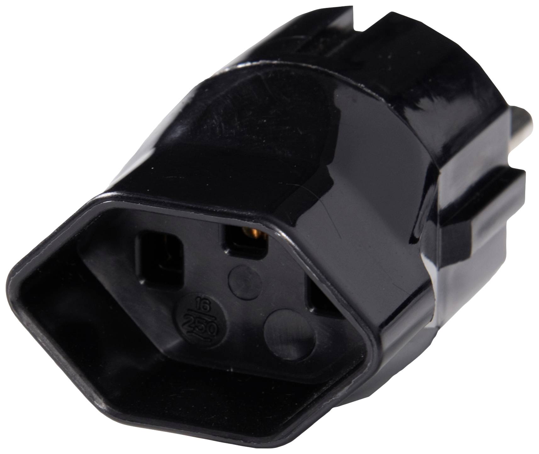 Black socket adapter with hexagonal shape and two holes for pins. Designed for European plug sockets.