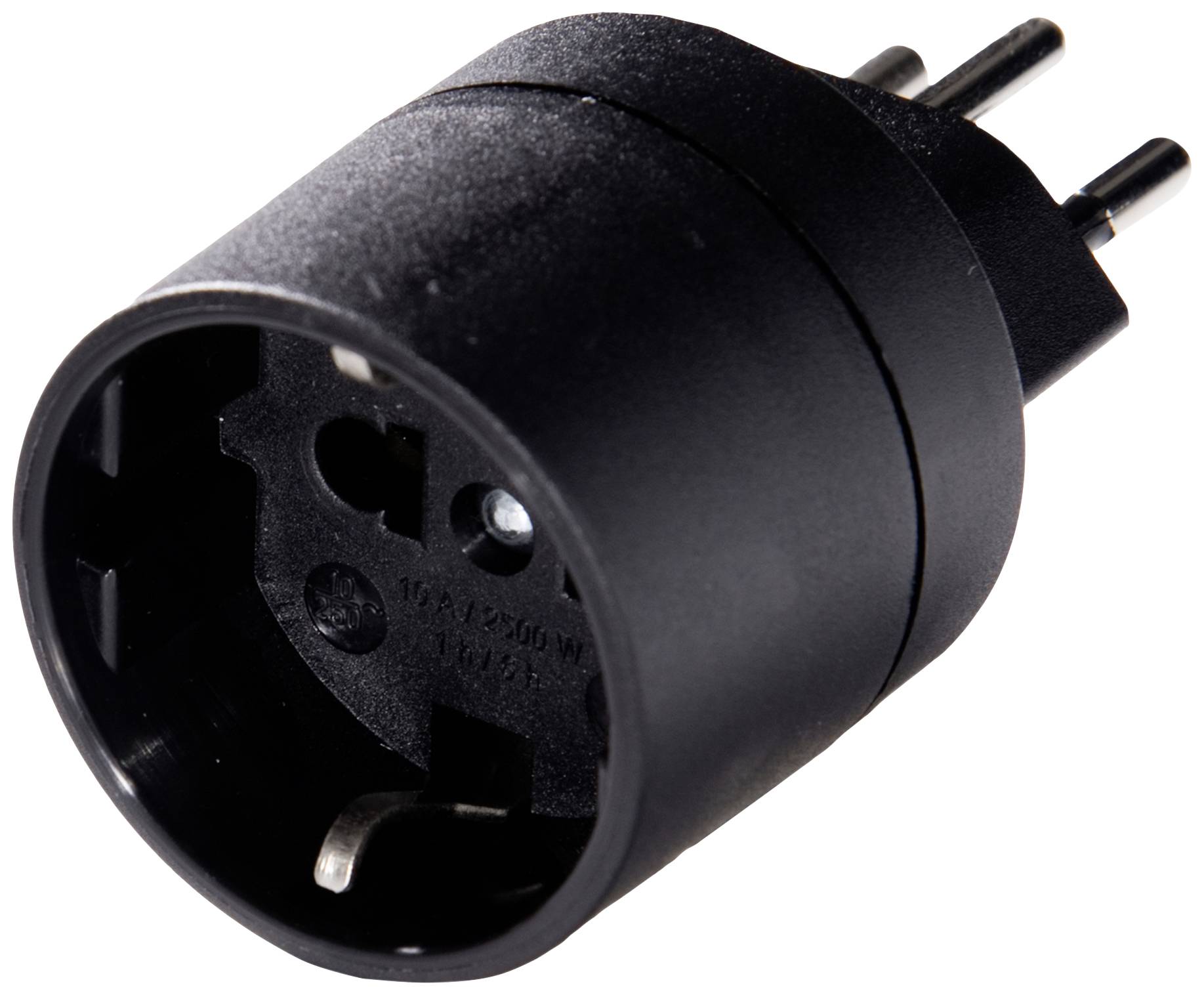 A black, round two-pin adaptor plug suitable for European socket outlets.
