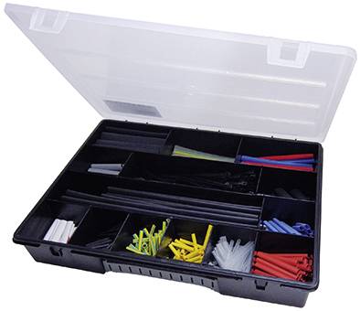 An opened black toolbox with multiple compartments, filled with various cable ties and fastening elements in several colours.