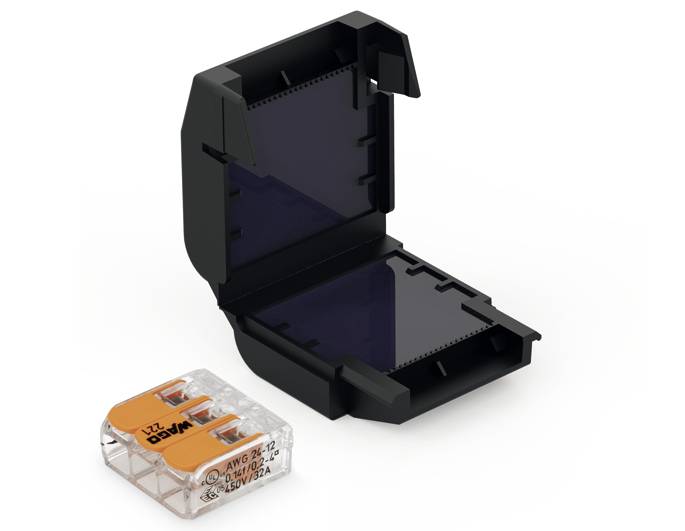 Black plastic mounting bracket next to a transparent, orange cable connector.