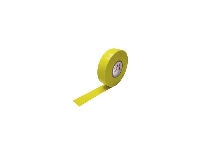 Yellow sticky tape on a roll, partially unrolled.