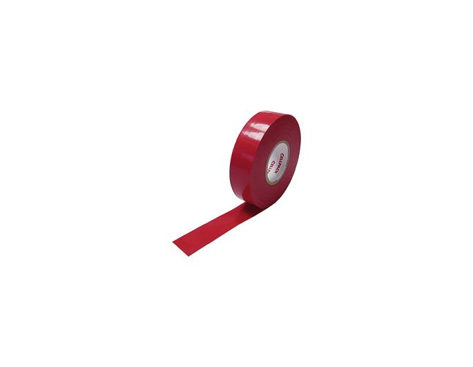 A red adhesive tape, partially unrolled, lies on a white surface.