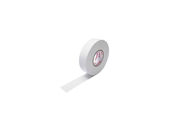 White roll of adhesive tape with an unrolled strip, against a neutral background.