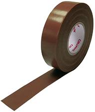 Brown parcel tape with an unrolled adhesive strip, on a reel.