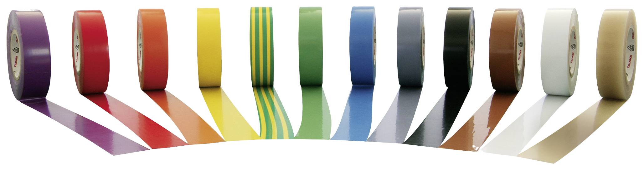 Various colourful insulation tapes in a row; colours include purple, red, orange, yellow, green, blue, black, white, brown, and grey.