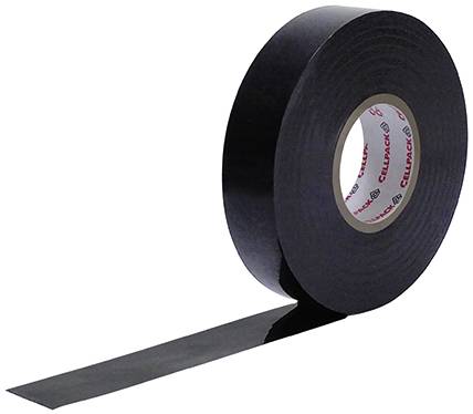A roll of black adhesive tape, partially unrolled, rests on a smooth surface.