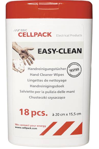 Container labelled 'EASY-CLEAN Hand Cleaning Wipes'. Contains 18 pieces, size 20 cm x 15.5 cm. Brand name: BBC Cellpack.