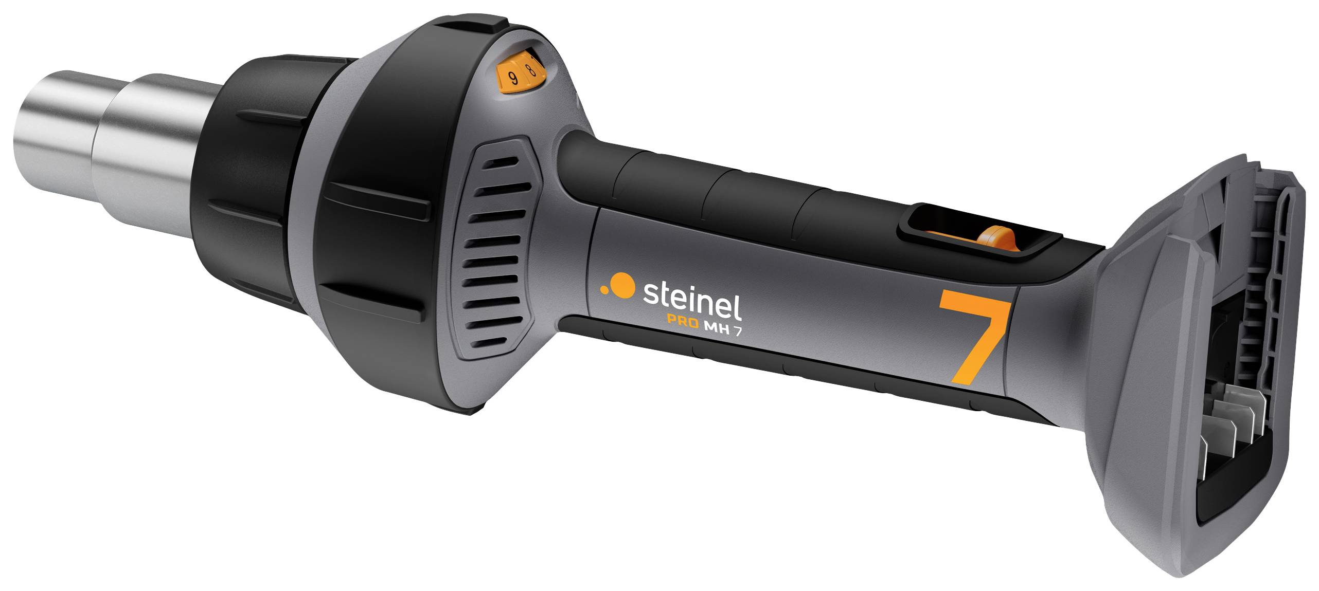 Black and grey hot air blower with orange accents, handle, and nozzle. 'Steinel 7' marking visible on the casing.