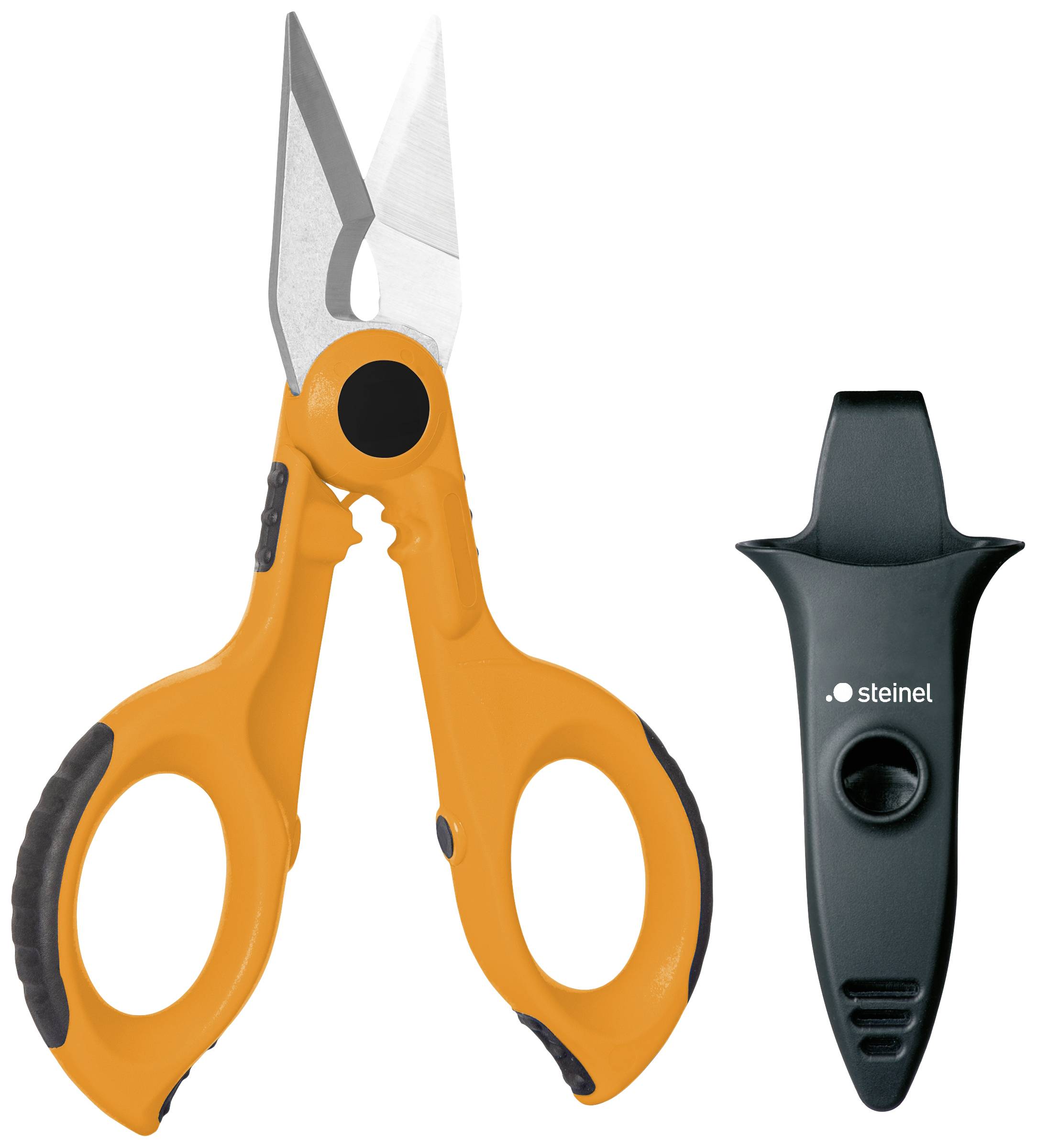 Orange scissors with rubberised handles and blade, alongside a black case with 'steinel' inscription, for secure transport.