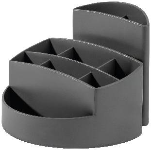 A black, round desk organiser with multiple compartments for storing office supplies.