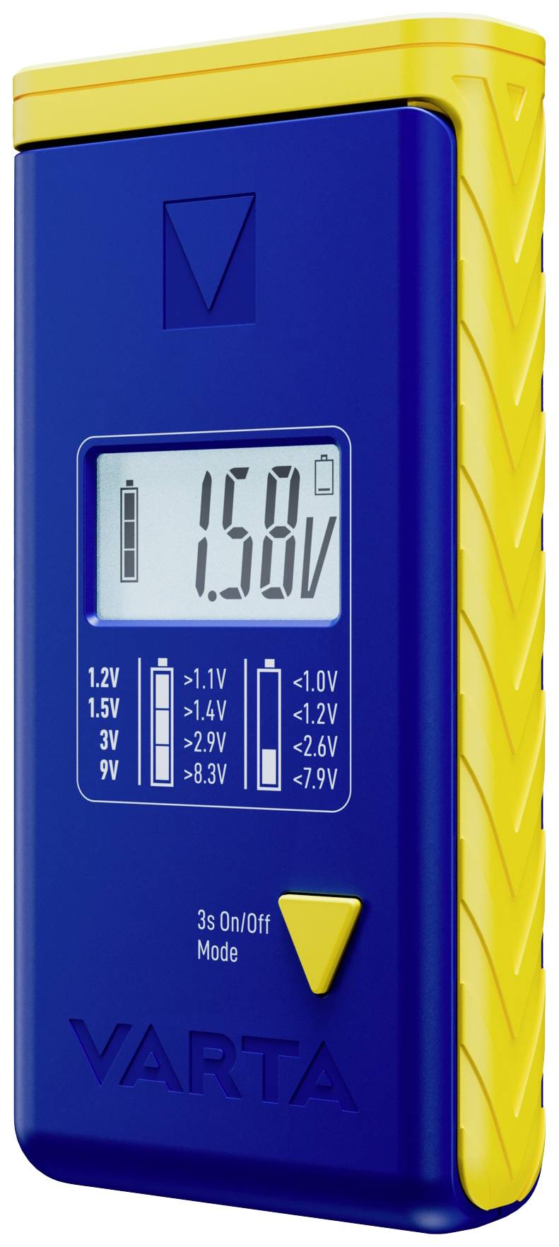 Blue and yellow battery tester with digital display showing '1.58V'. Symbols for different battery types and voltage ranges.