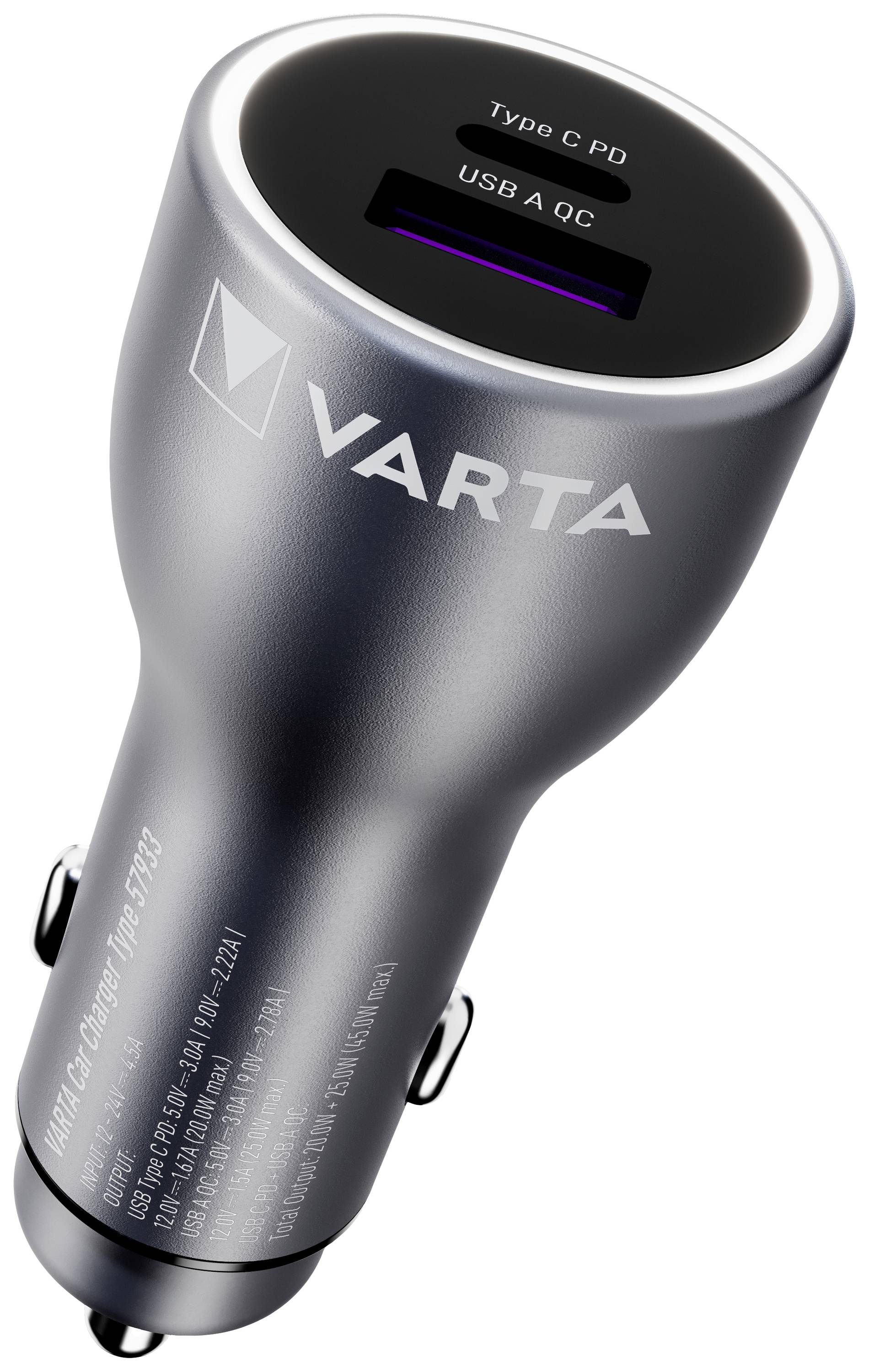 Cigarette Lighter Car Charger with Two USB Ports; Offers Type-C PD and USB-A QC Fast Charging Options; Brand 'VARTA'.