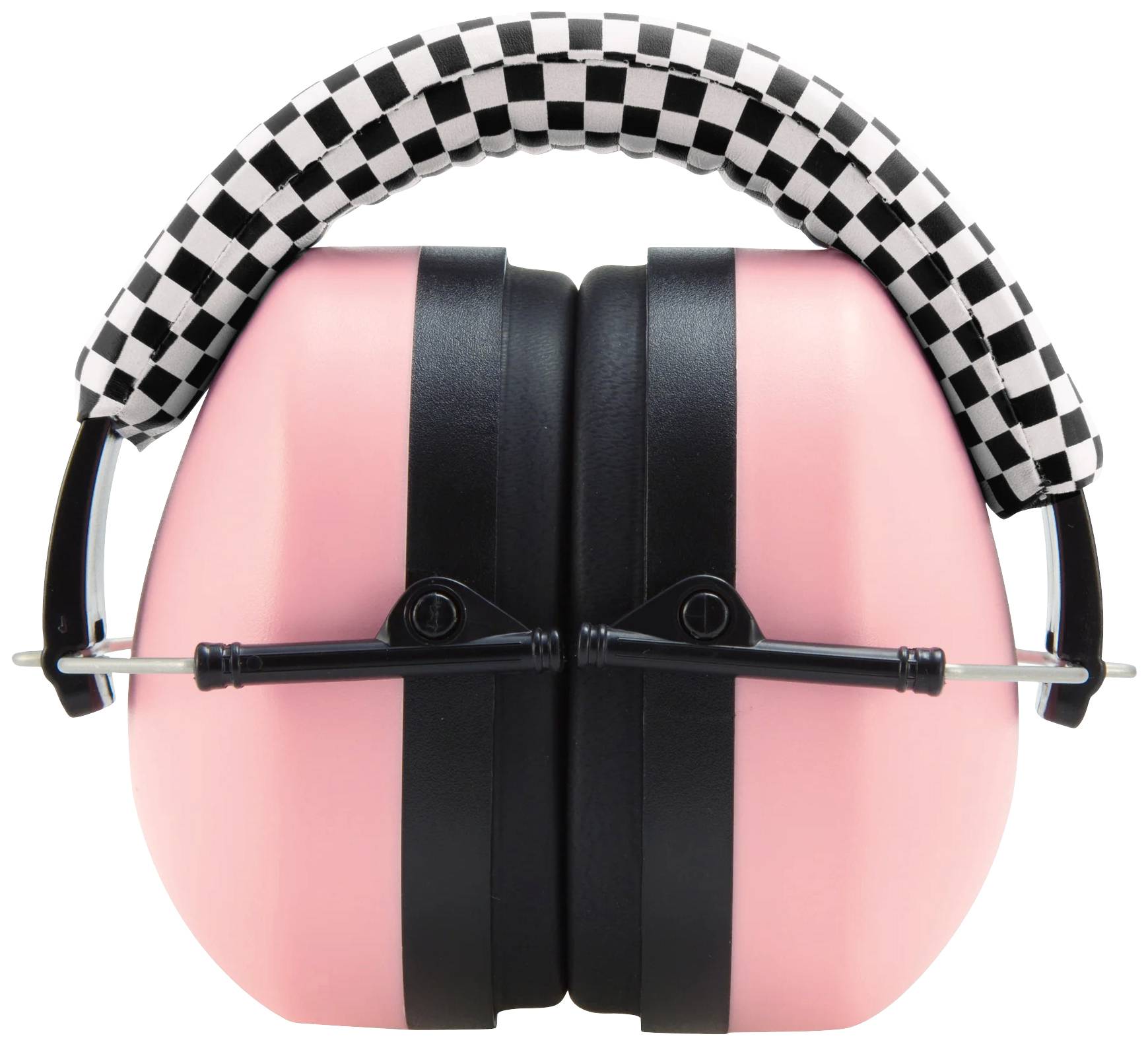 Rosa noise-cancelling headphones with a black and white checked headband, folded. Suitable for noise reduction.