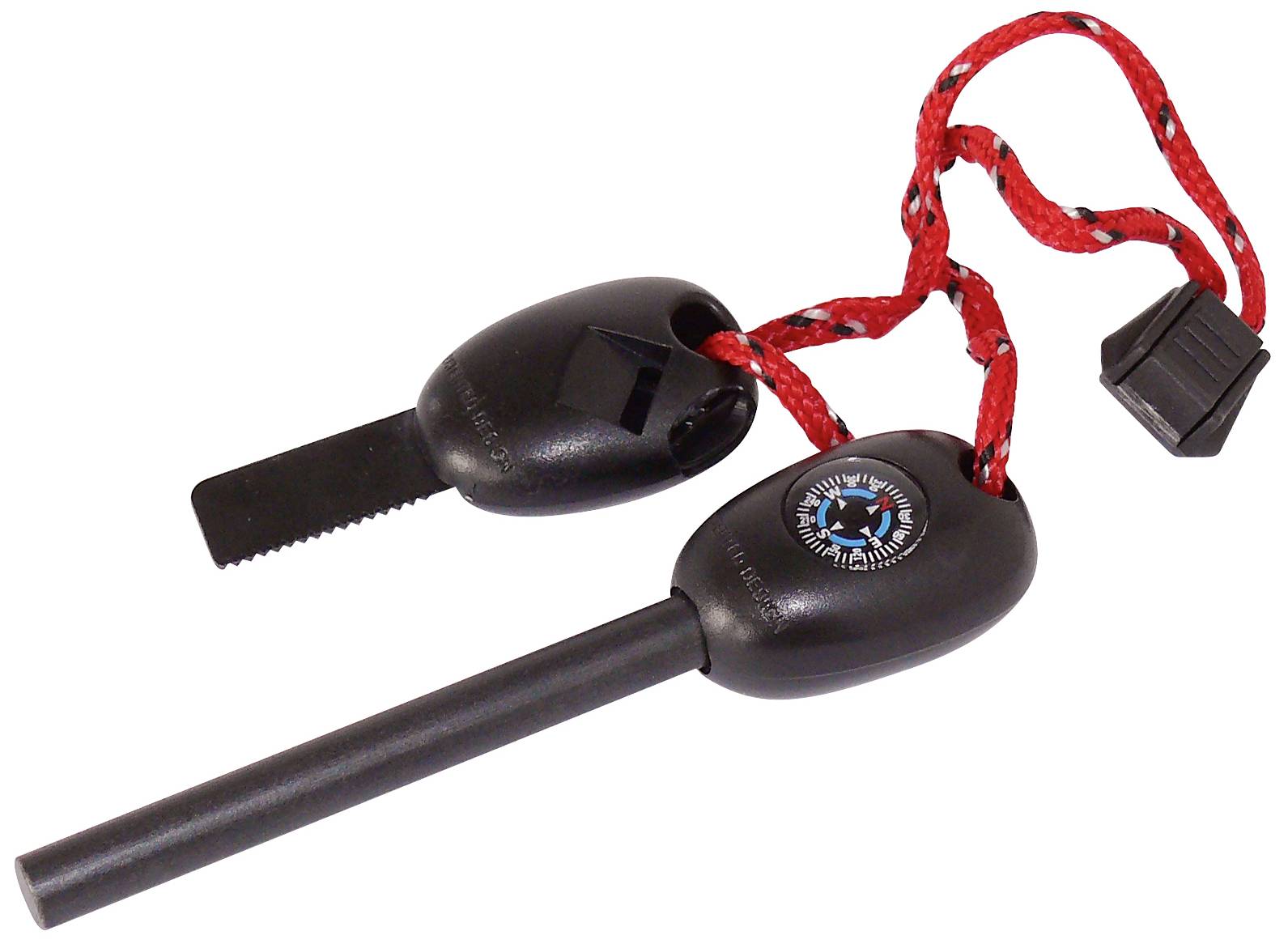 Fire starter set with a black, cylindrical rod and serrated scraper on a red lanyard. Compass on the side of the scraper.
