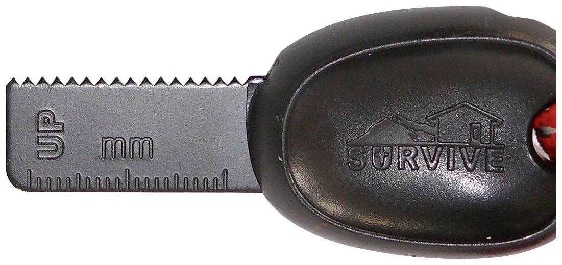 Close-up of a black tool with a serrated ruler. Millimetre markings are on the left, with 'SURVIVE' embossed on the right.
