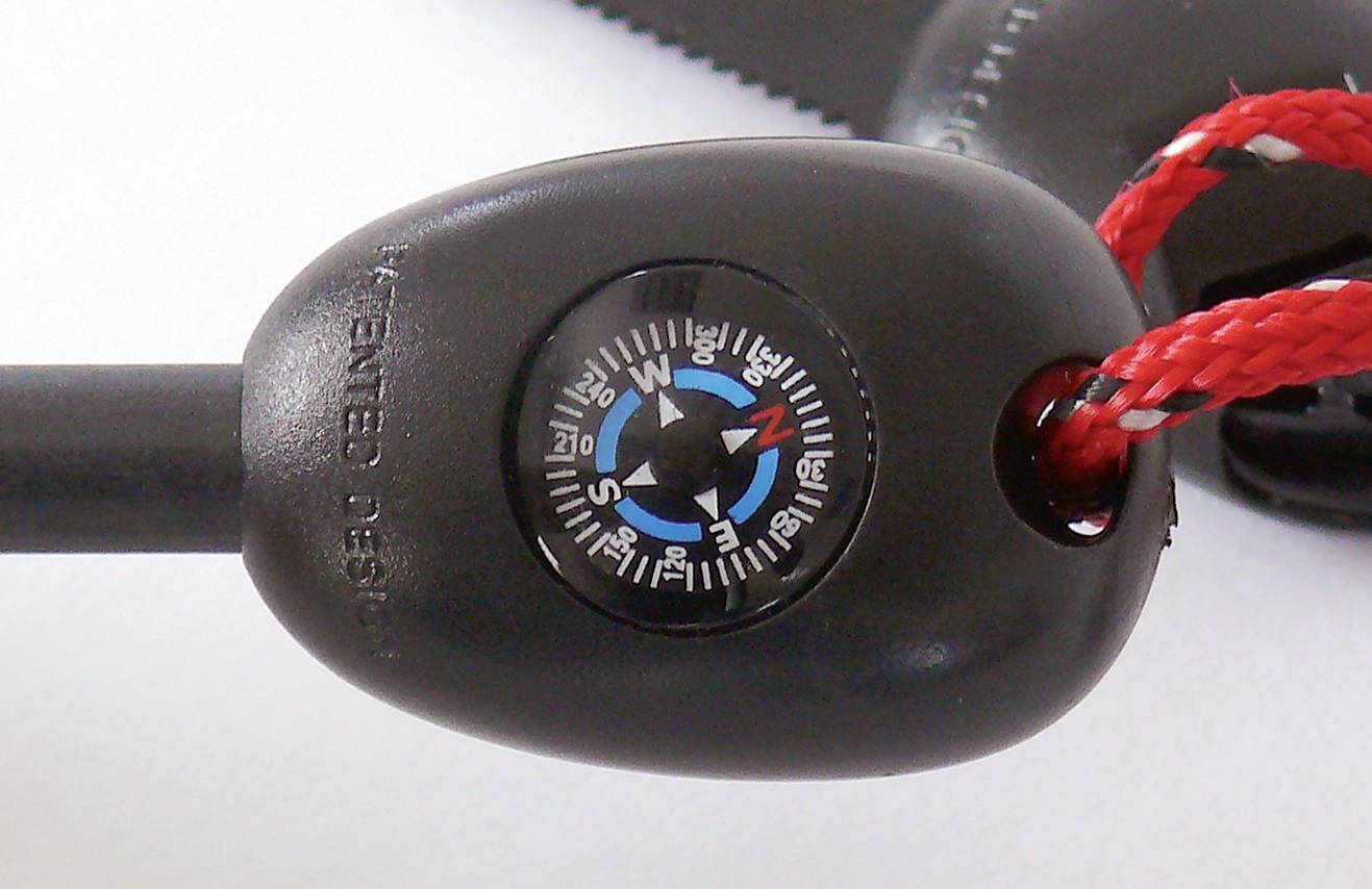 A black compass with red ropes indicates the cardinal directions. The background is blurred and white.