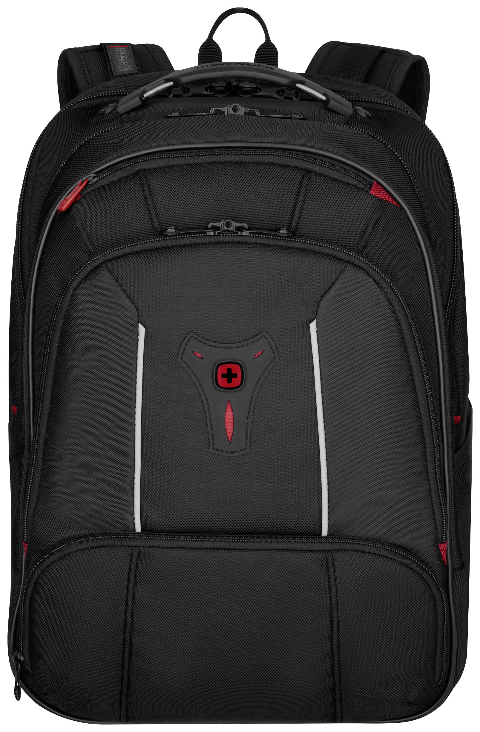 A black rucksack with red accents, multiple compartments and a carry handle. Ideal for school or office use.