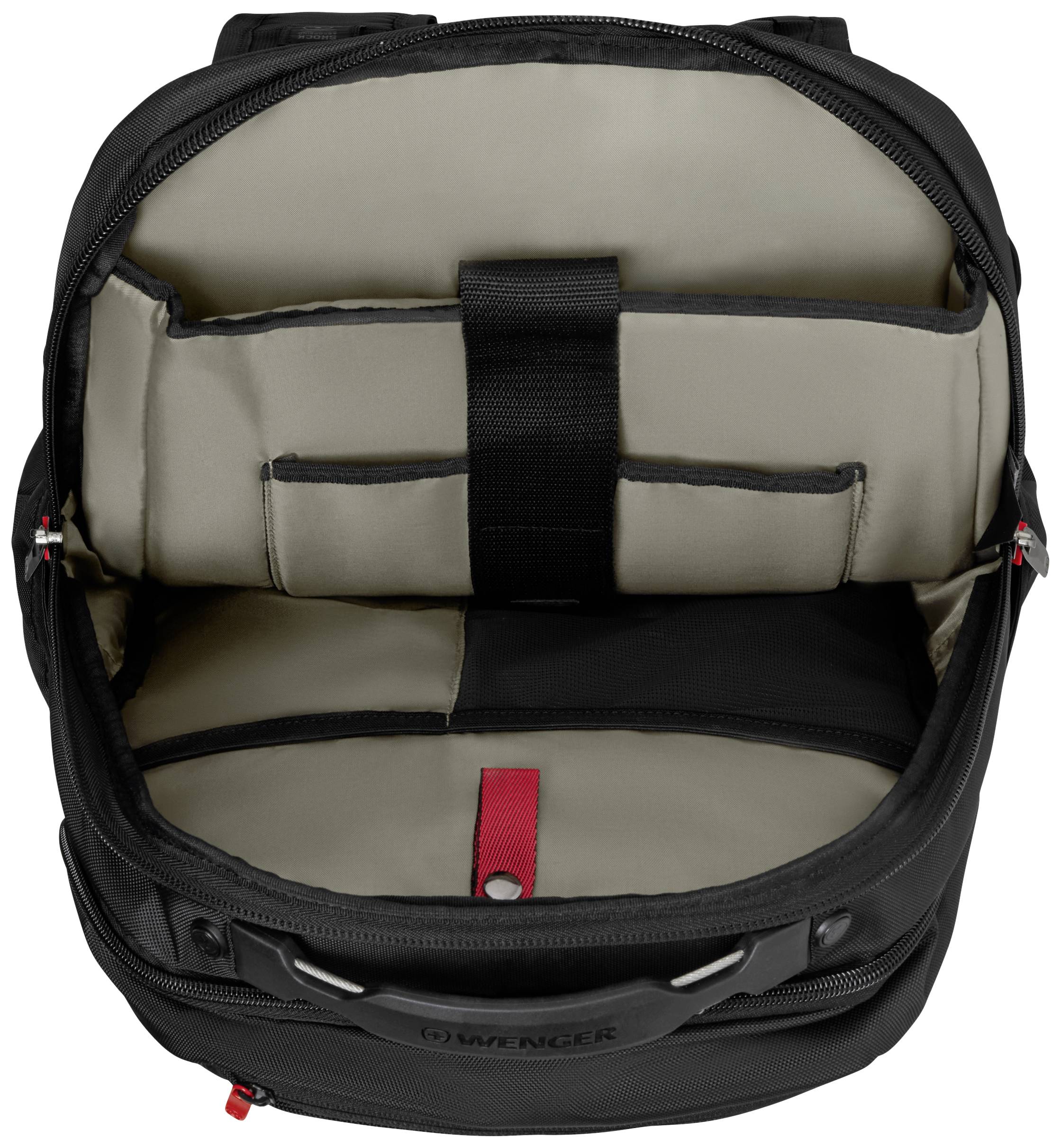 A plain, black and grey rucksack with multiple compartments and pockets for organising items.