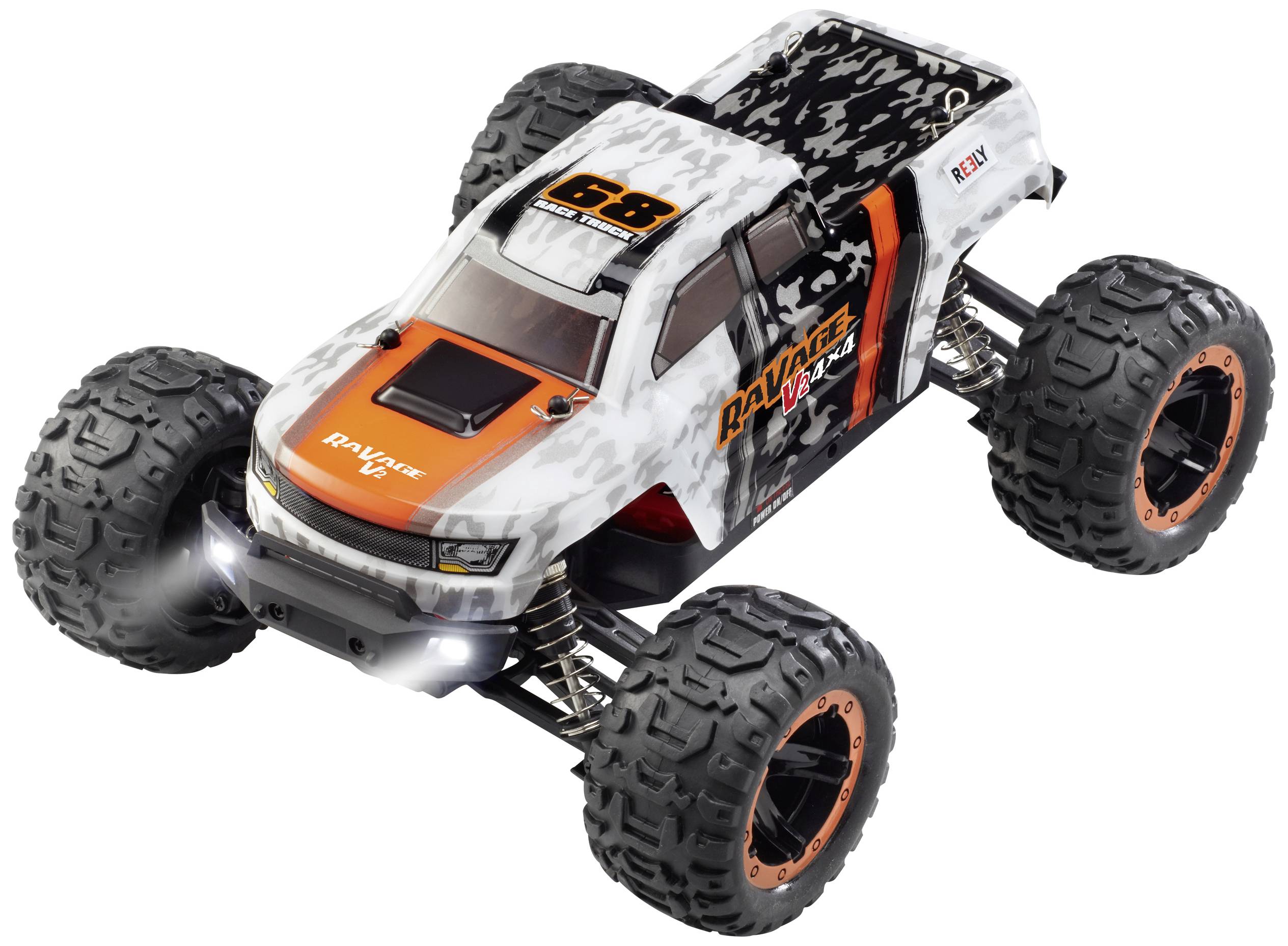 The image depicts a remote-controlled car with large, robust tyres and a white and orange design featuring the number '68'.