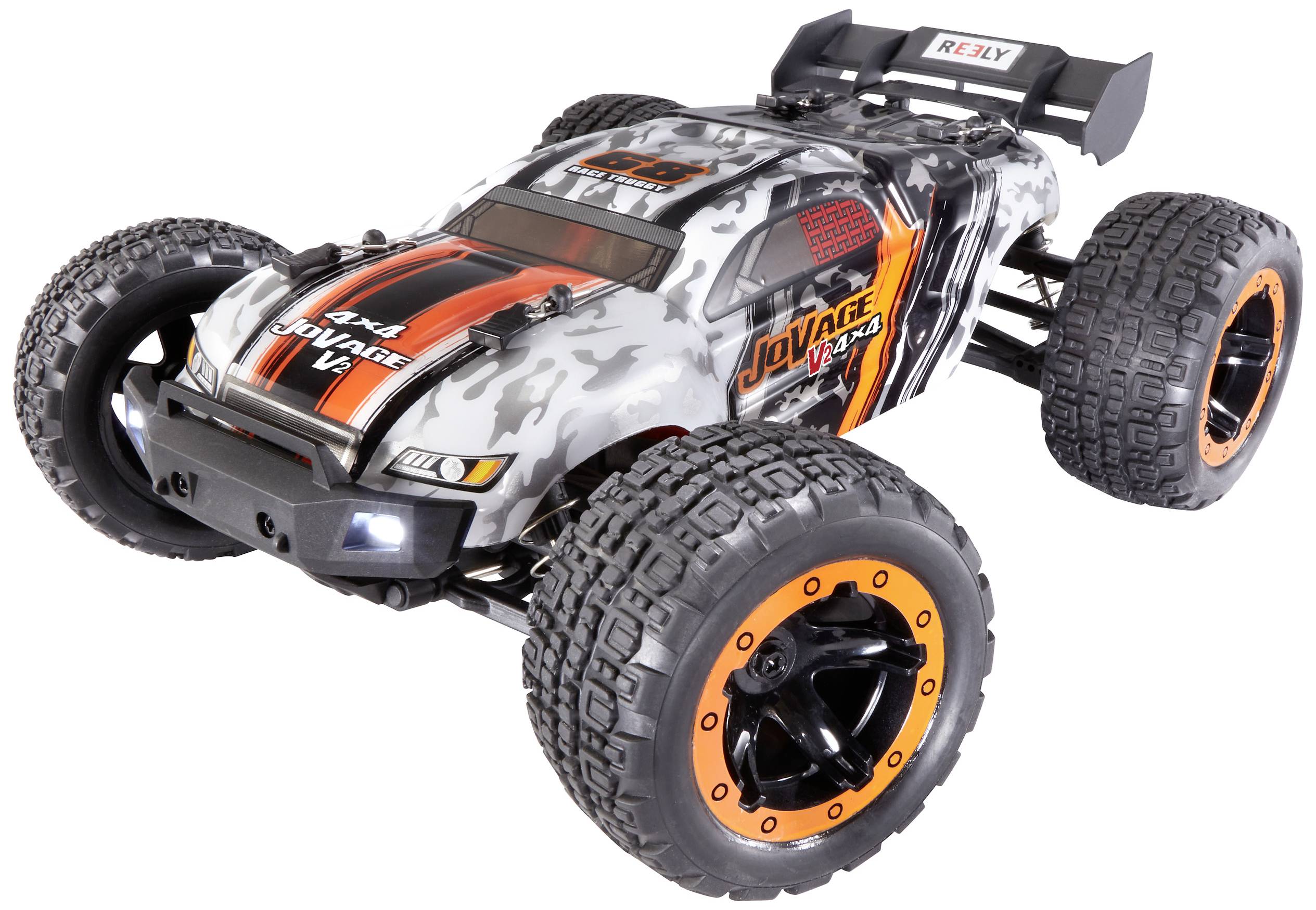 Remote-controlled off-road car with robust, large tyres and a black-and-white bodywork design with red accents.