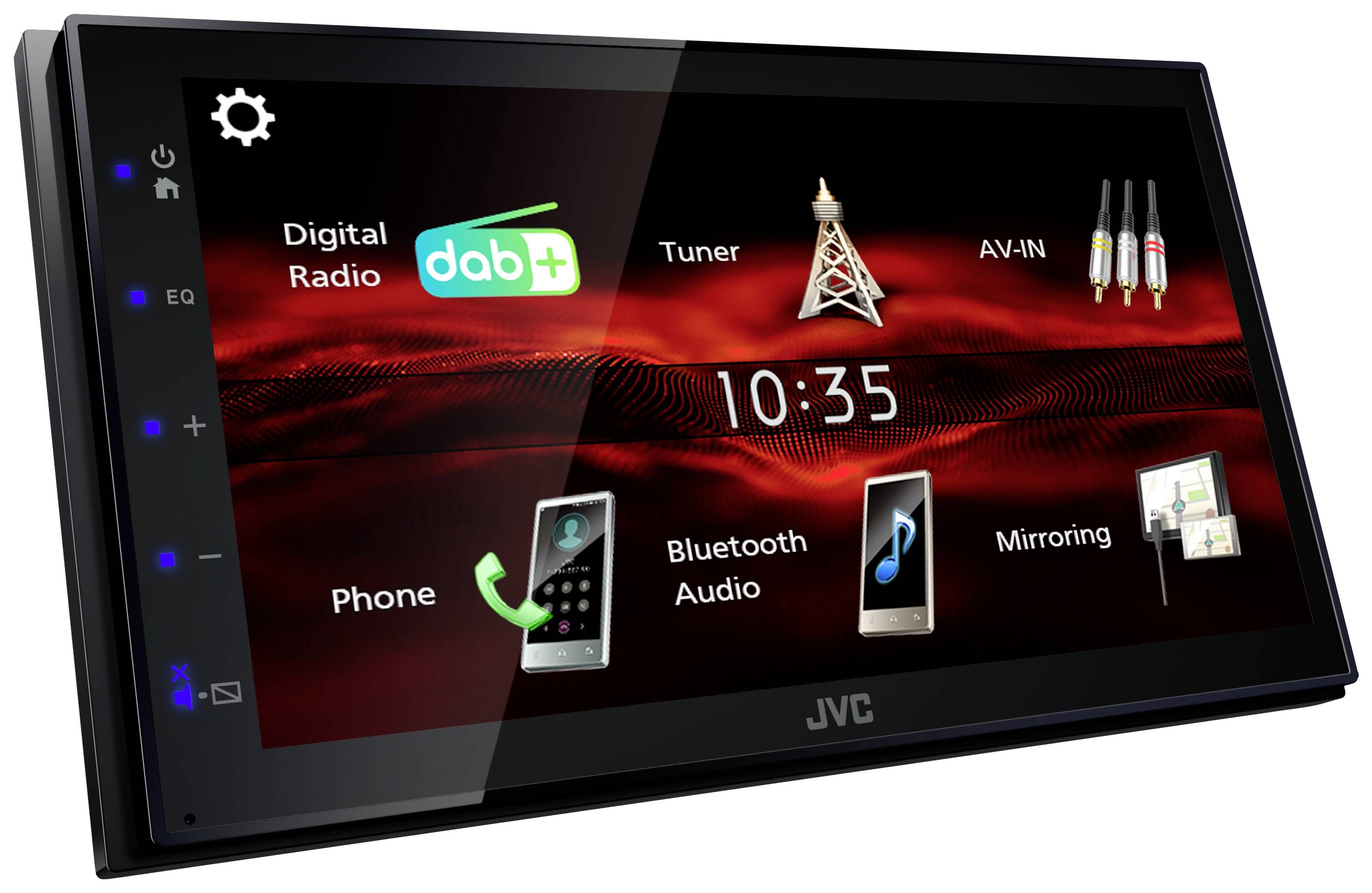 Car radio display with functions such as digital radio (DAB+), tuner, AV input, telephone, Bluetooth audio and screen mirroring.