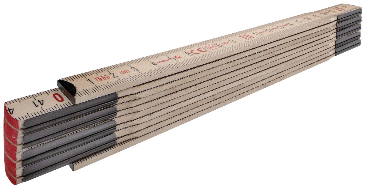A folded wooden ruler, consecutively numbered, with a clearly visible scale and red markings.