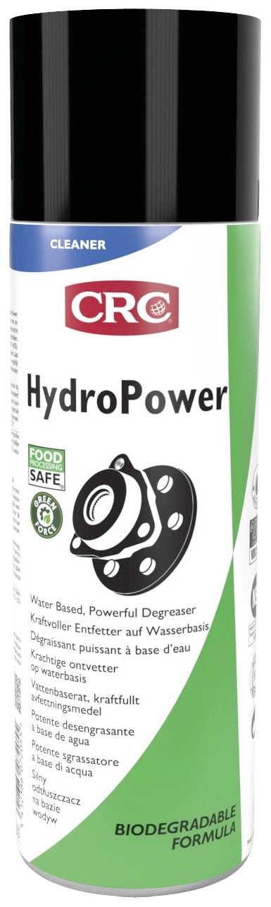 Spray can with the label 'CRC HydroPower'. Water-based, powerful degreaser. Biodegradable formula.