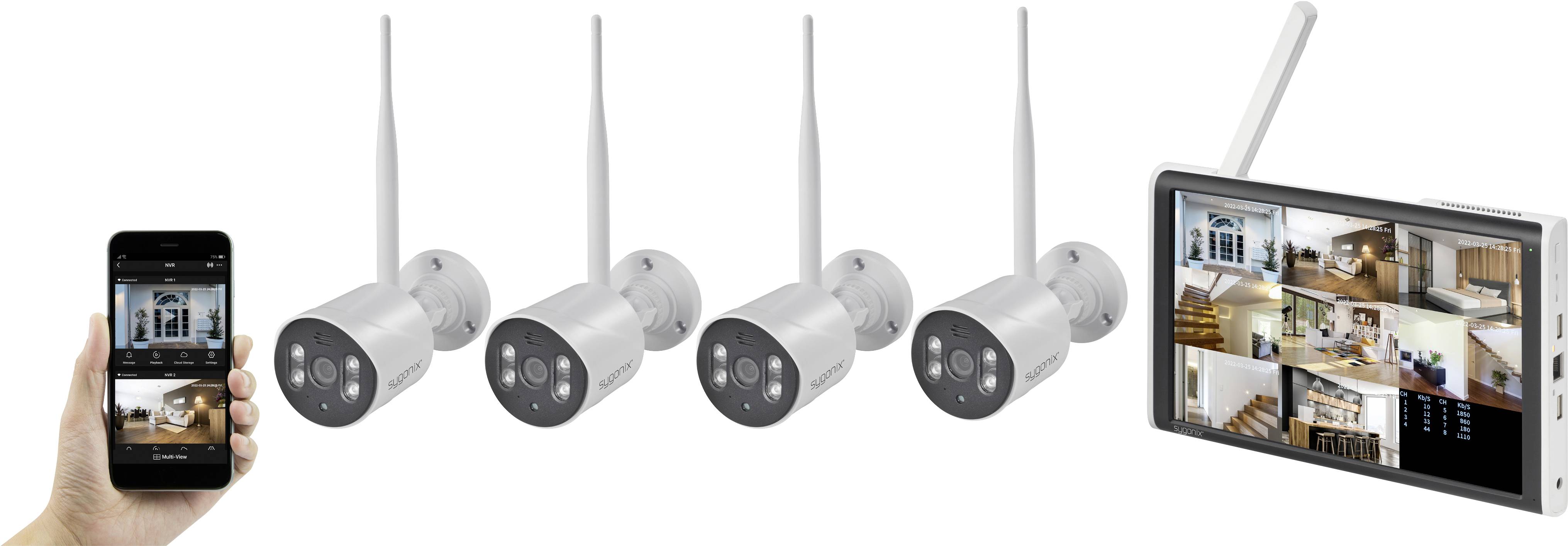 Surveillance system with four cameras and monitor. A hand is holding a smartphone displaying the camera view.