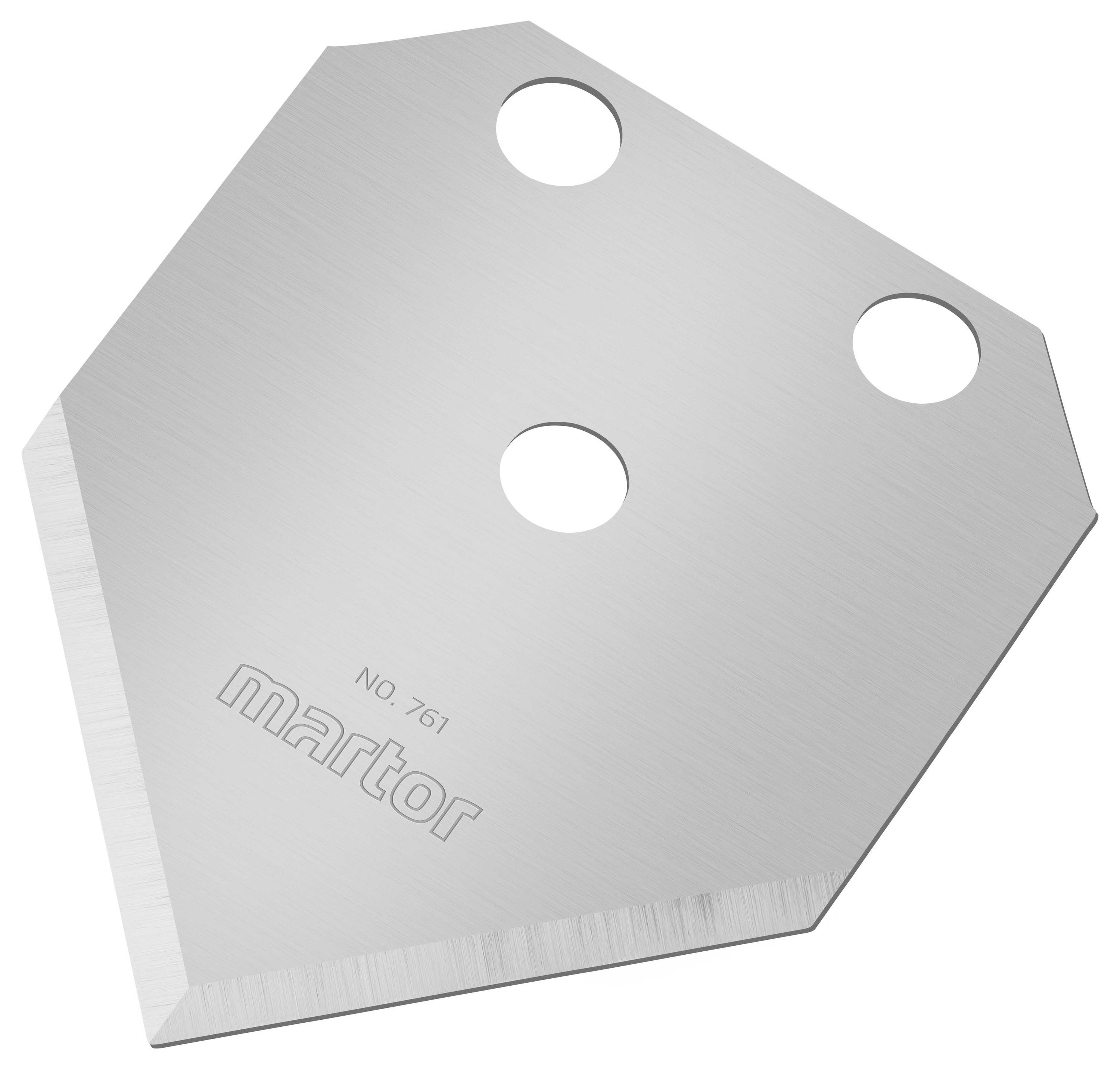 A trapezoidal metal blade with three round holes. One corner is bevelled, with 'martor' and 'NO.761' embossed on the top.