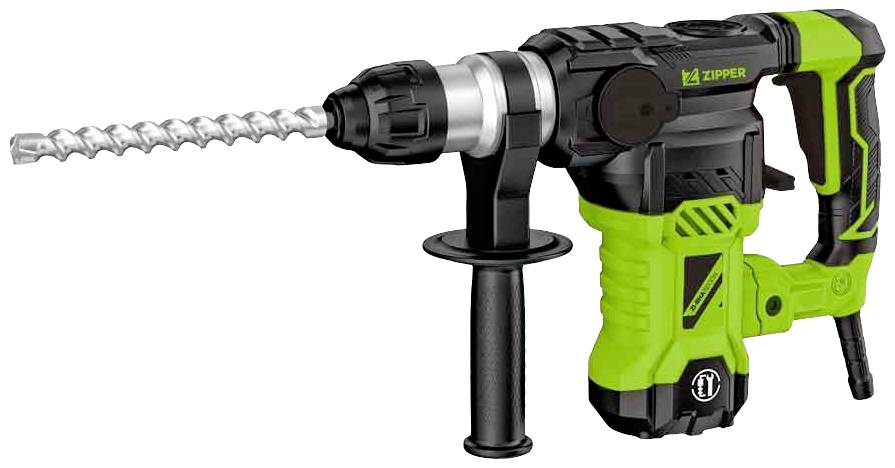 Green hammer drill with a black handle and silver-gleaming chuck, designed for robust drilling work in hard materials.